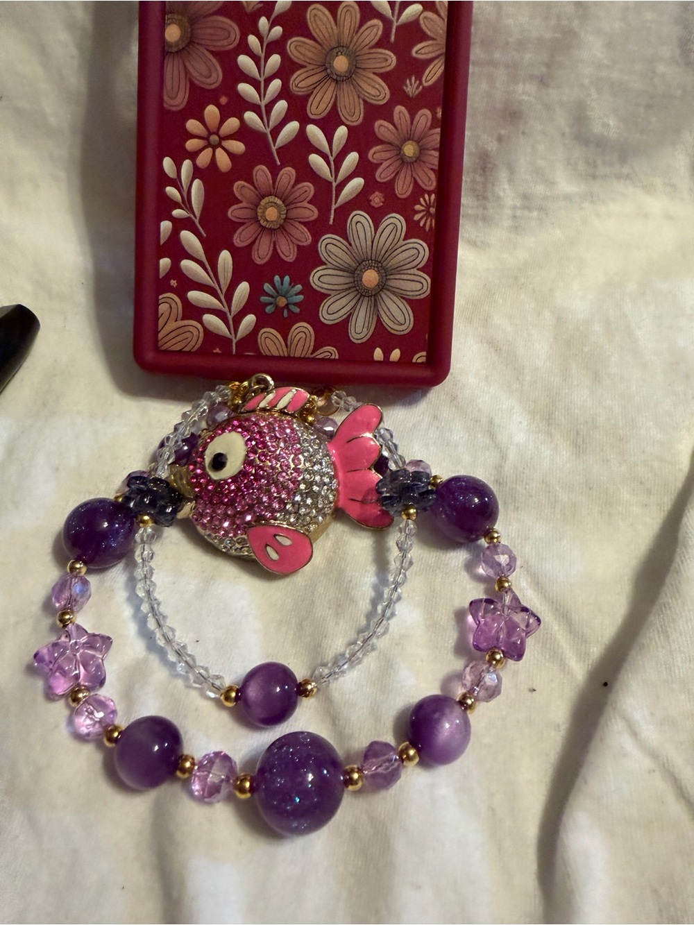 Hand Crafted Purple Beaded Phone Charm with Pink Fish Pendant
